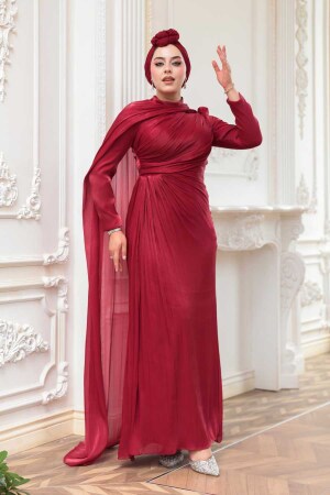 Pelerin Detaylı Bordo Tesettür Abiye Elbise 52142BR - 4