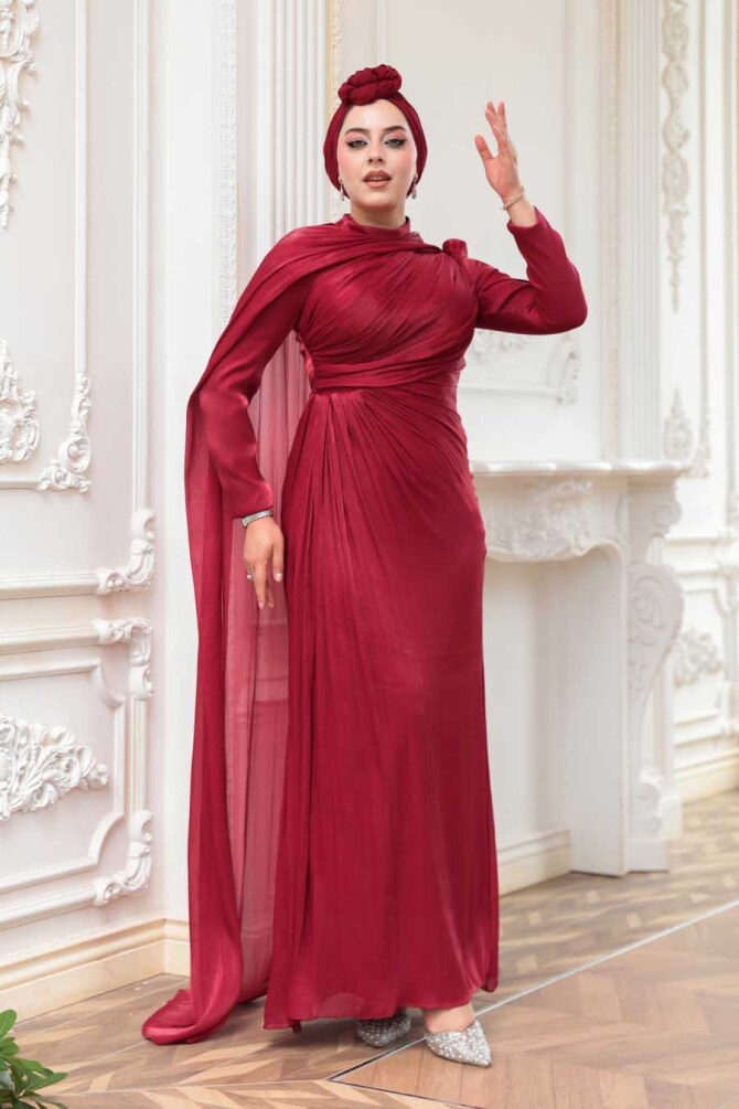 Pelerin Detaylı Bordo Tesettür Abiye Elbise 52142BR - 4