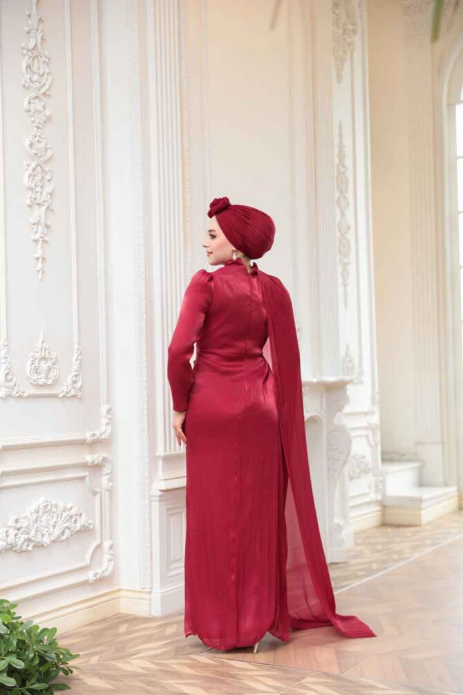 Pelerin Detaylı Bordo Tesettür Abiye Elbise 52142BR - 5