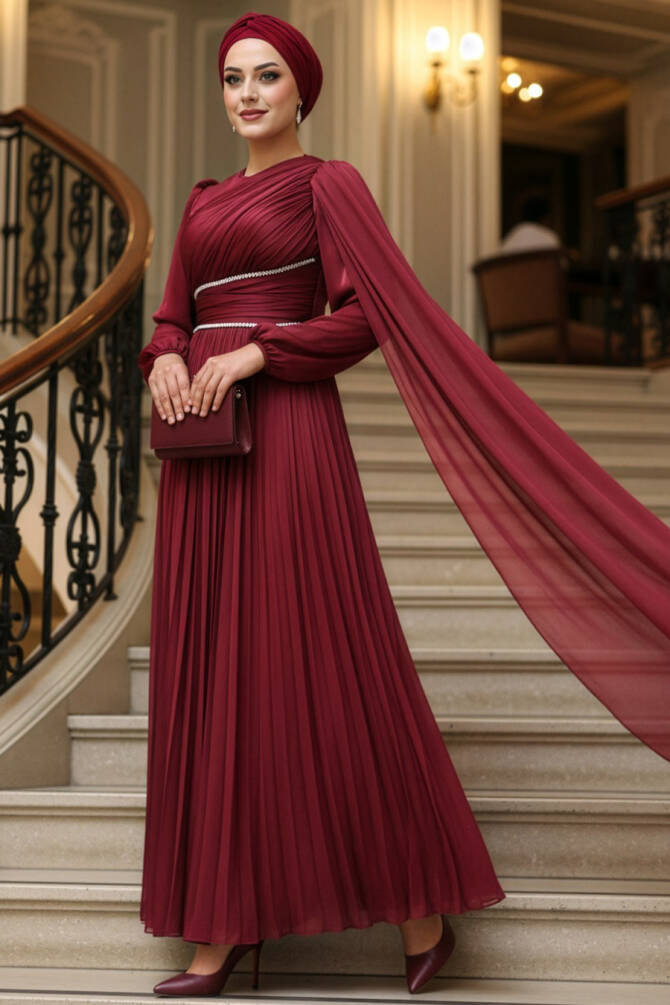- Pelerin Detaylı Bordo Tesettür Abiye Elbise 53021BR - 1