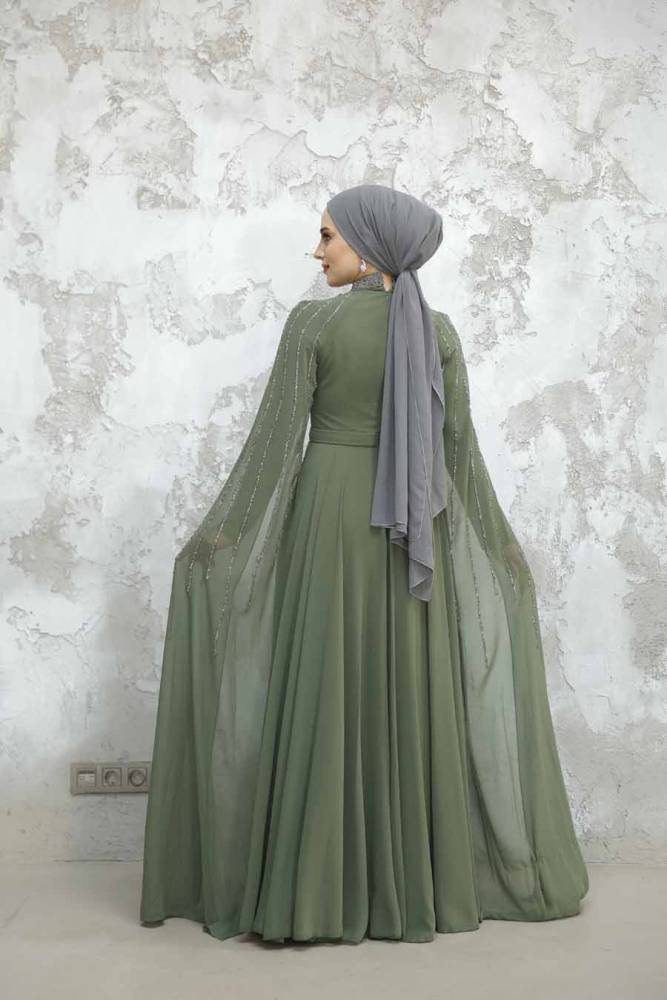 Pelerin Detaylı Haki Tesettür Abiye Elbise 47381HK - 4