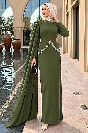 Pelerin Detaylı Haki Tesettür Abiye Elbise 54341HK - 1