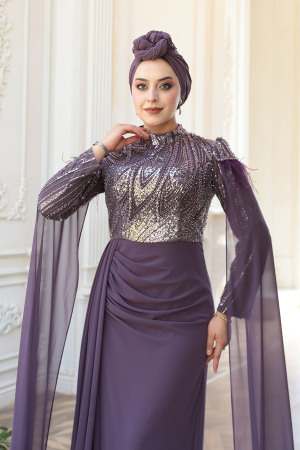 - Pelerin Detaylı Koyu Lila Tesettür Abiye Elbise 52592KLILA - 3