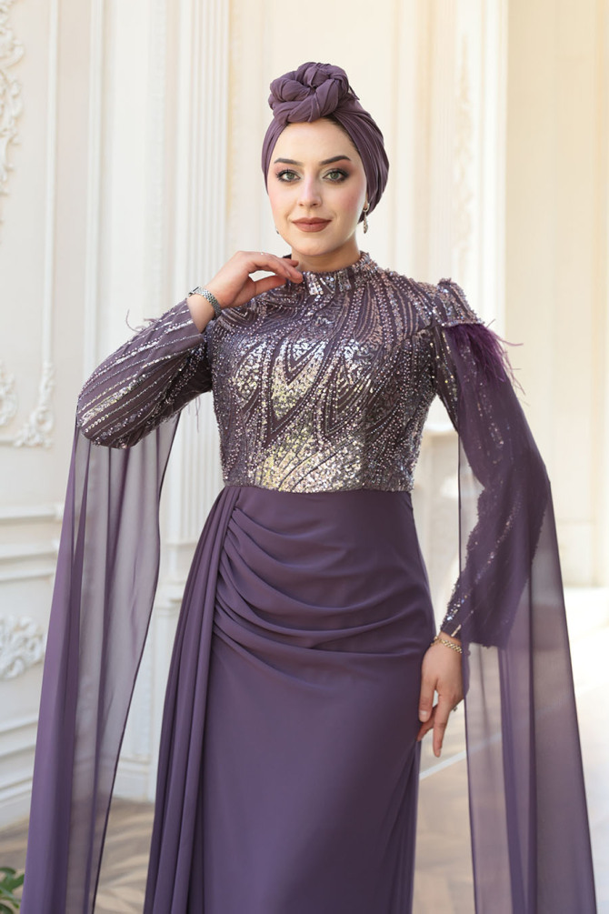- Pelerin Detaylı Koyu Lila Tesettür Abiye Elbise 52592KLILA - 3