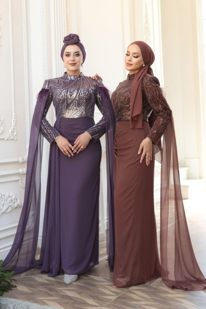 - Pelerin Detaylı Koyu Lila Tesettür Abiye Elbise 52592KLILA - 5