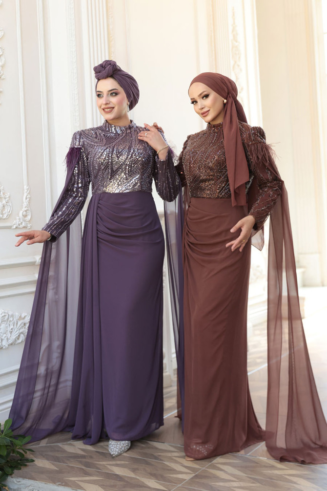 - Pelerin Detaylı Koyu Lila Tesettür Abiye Elbise 52592KLILA - 7