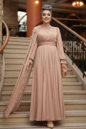 Pelerin Detaylı Vizon Tesettür Abiye Elbise 5394V - 1