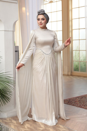 - Pelerinli Bej Tesettür Abiye Elbise 5418BEJ - 2