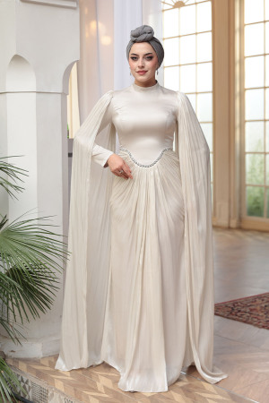 - Pelerinli Bej Tesettür Abiye Elbise 5418BEJ - 3