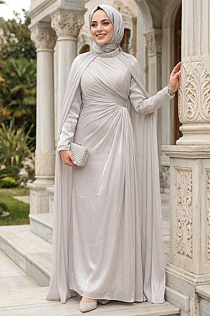  - Pelerinli Bej Tesettür Abiye Elbise 54391BEJ 