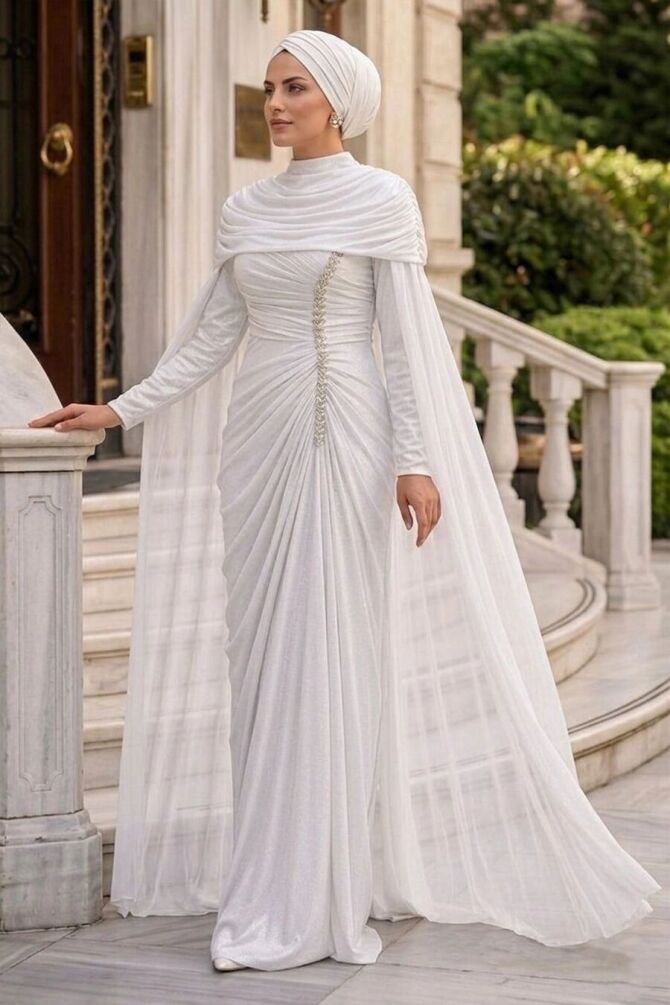 Pelerinli Beyaz Tesettür Abiye Elbise 56501B - 1