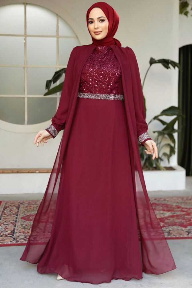 Pelerinli Bordo Tesettür Abiye Elbise 25876BR - 1