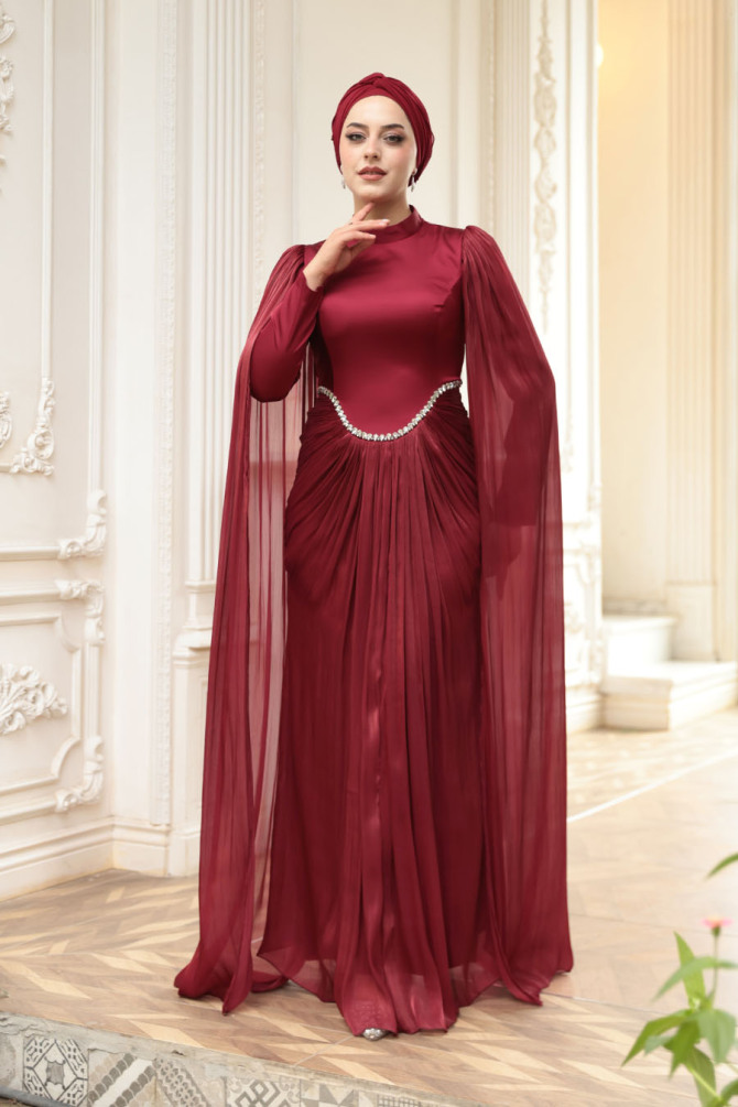  - Pelerinli Bordo Tesettür Abiye Elbise 5418BR - 4