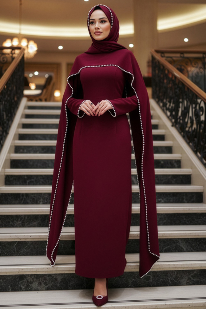 Pelerinli Bordo Tesettür Abiye Elbise 55481BR - 1
