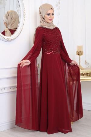 Pelerinli Bordo Tesettür Abiye Elbise 80010BR - 1
