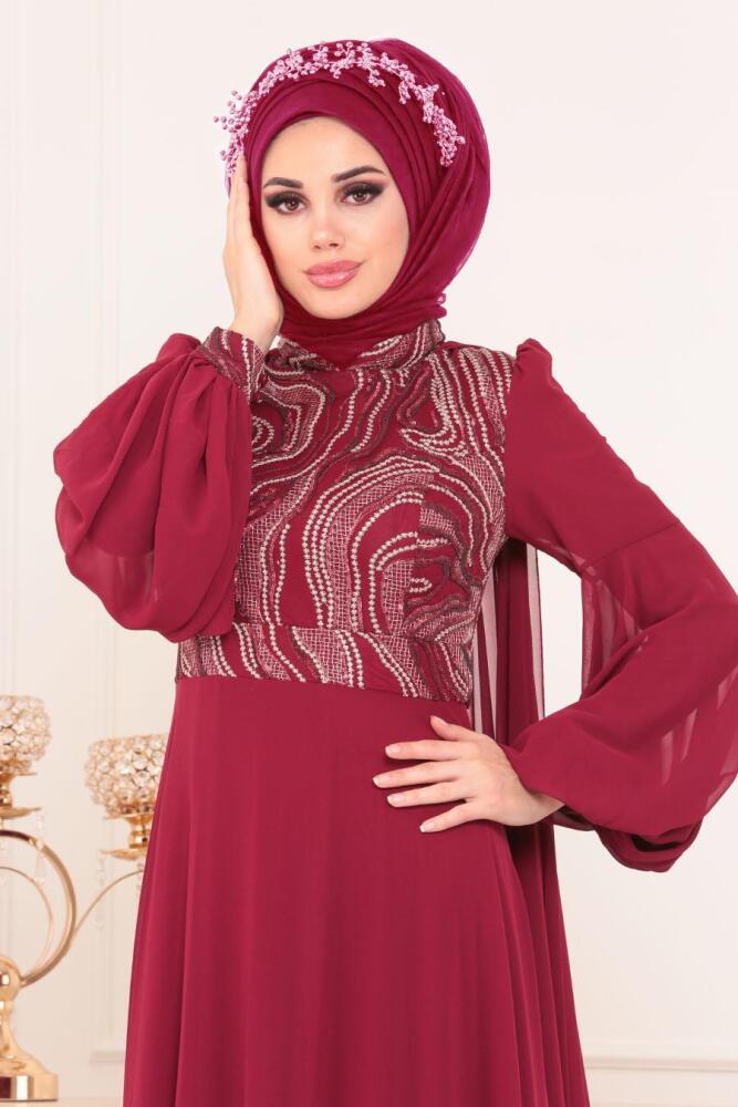 Pelerinli Bordo Tesettür Abiye Elbise 3726BR - 2