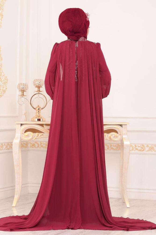 Pelerinli Bordo Tesettür Abiye Elbise 3726BR - 3