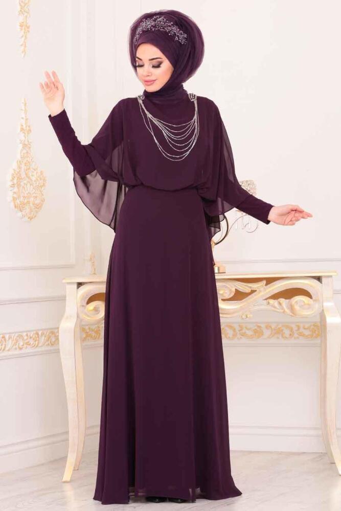 Pelerinli Mor Tesettür Abiye Elbise 3829MOR - 1