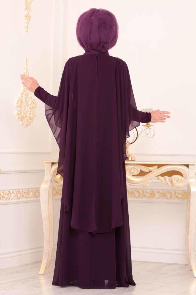Pelerinli Mor Tesettür Abiye Elbise 3829MOR - 2