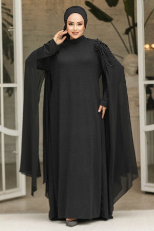 Pelerinli Siyah Tesettür Abiye Elbise 4624S - 3