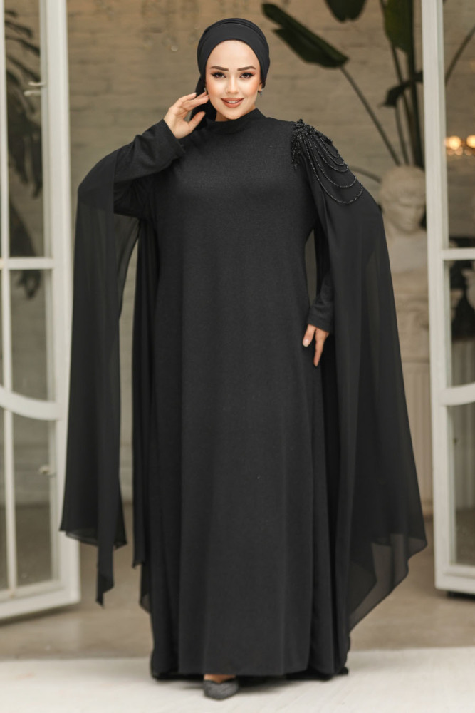 Pelerinli Siyah Tesettür Abiye Elbise 4624S - 3