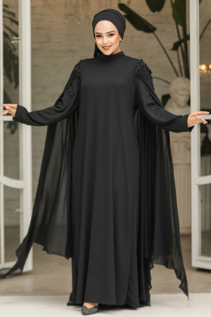 Pelerinli Siyah Tesettür Abiye Elbise 4624S - 2