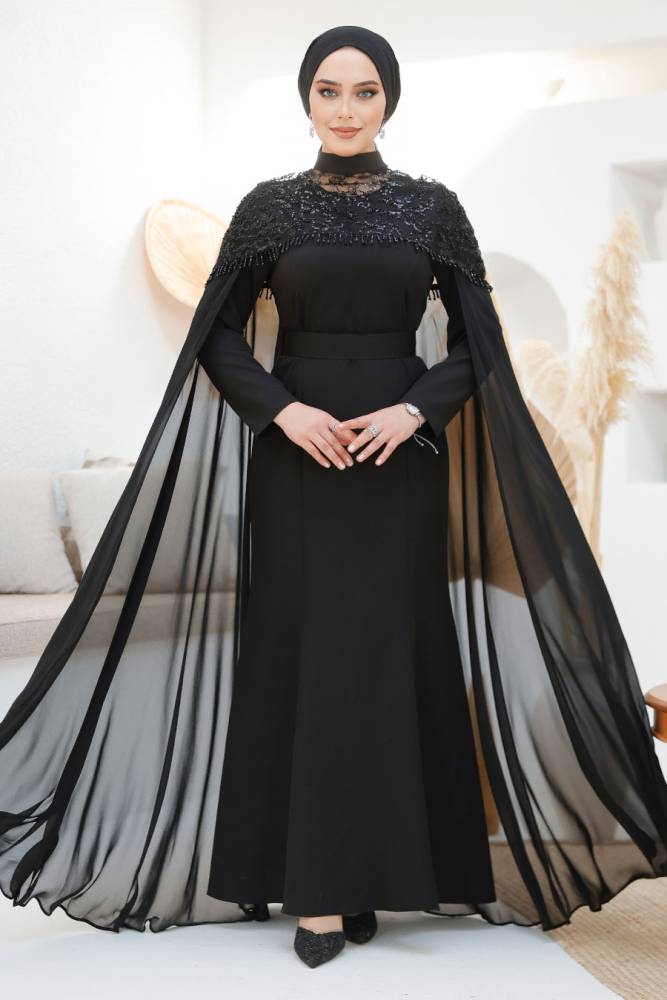  Pelerinli Siyah Tesettür Abiye Elbise 4653S - 1