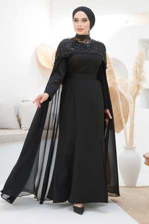  Pelerinli Siyah Tesettür Abiye Elbise 4653S - 3