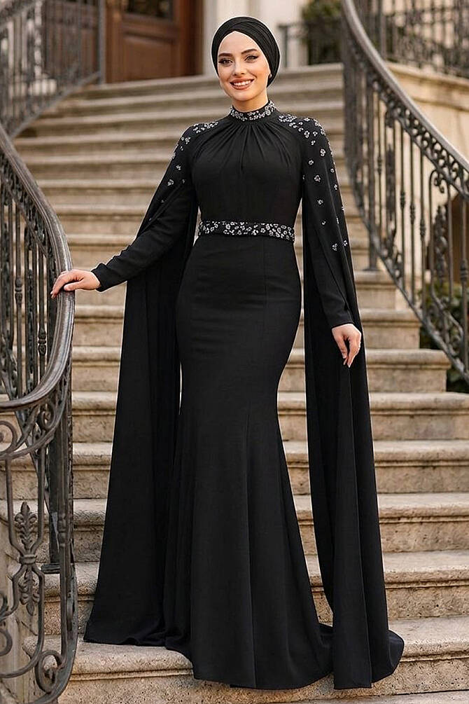 Pelerinli Siyah Tesettür Abiye Elbise 4863S - 1