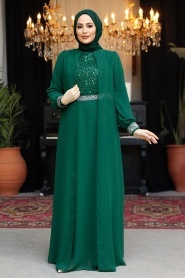 Pelerinli Yeşil Tesettür Abiye Elbise 25876Y - Thumbnail