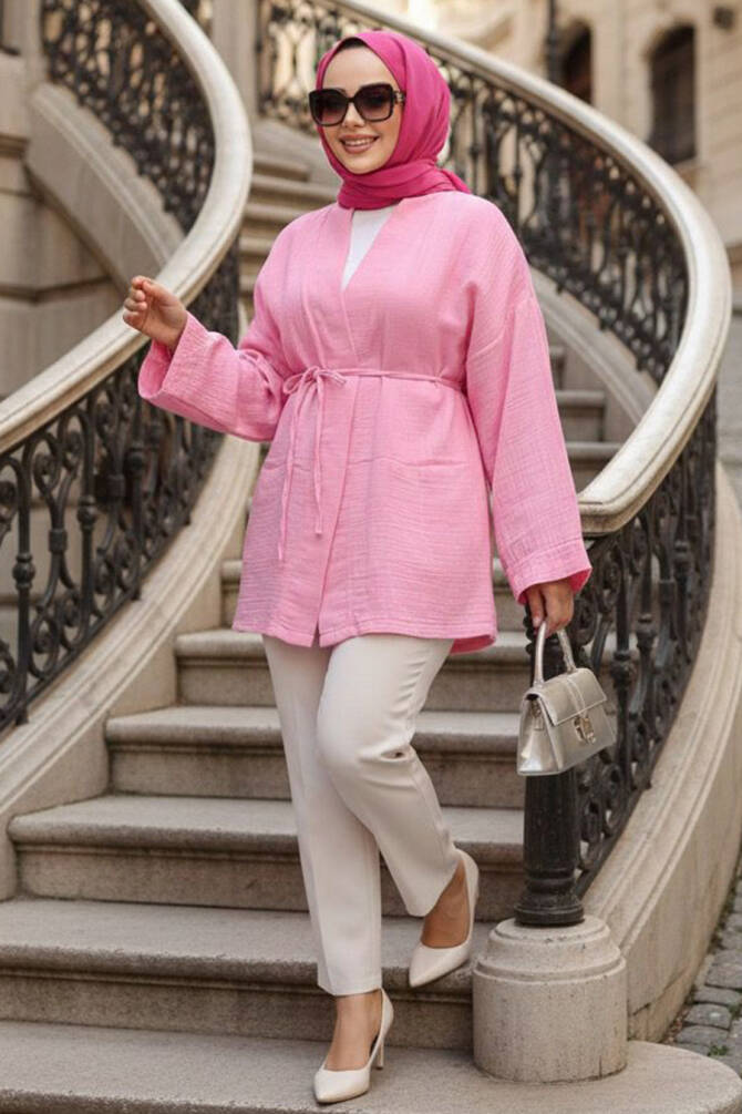 Pembe Tesettür Kimono 19032P - N.S NEVA STYLE