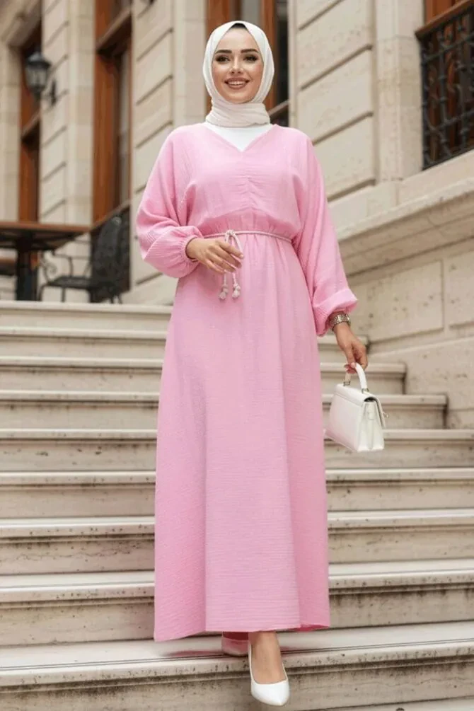 Pembe Tesettür Müslin Elbise 19033PD - 1