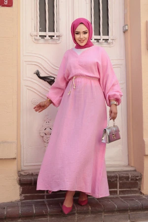 Pembe Tesettür Müslin Elbise 19033PD - 1