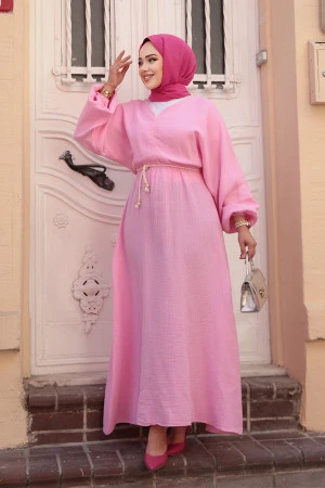 Pembe Tesettür Müslin Elbise 19033PD - 2