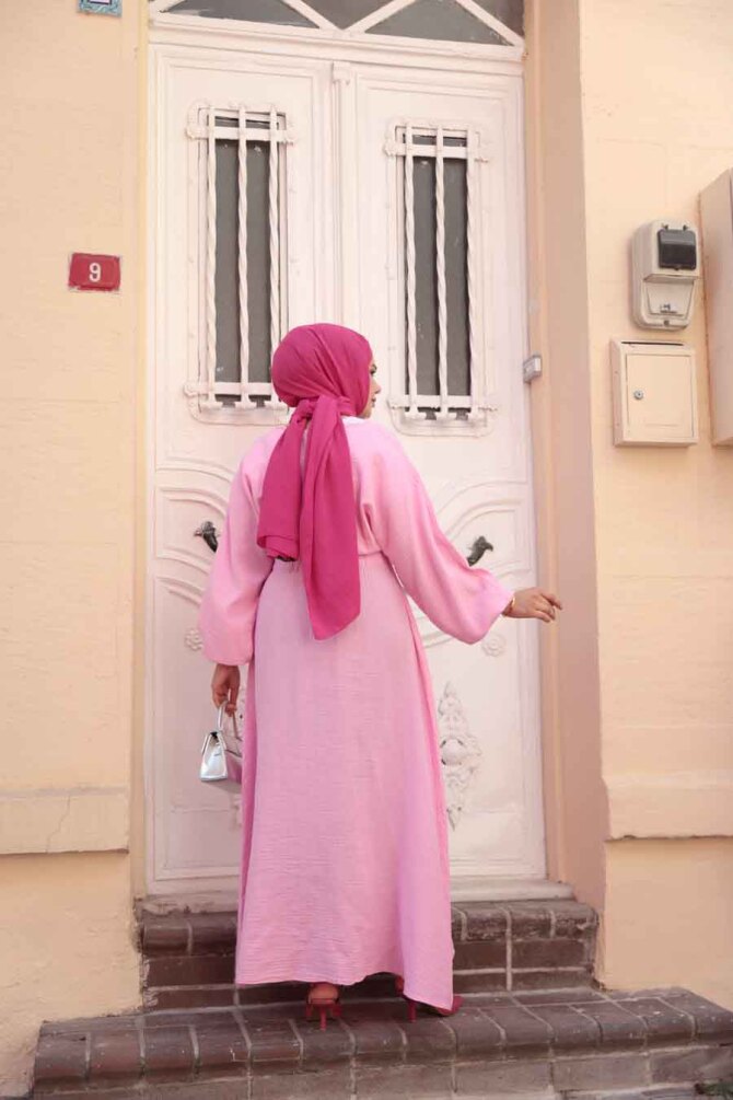 Pembe Tesettür Müslin Elbise 19033PD - 4