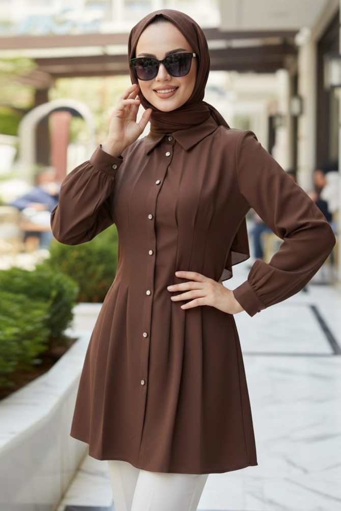 Pens Detaylı Kahverengi Tesettür Tunik 10500KH - 1