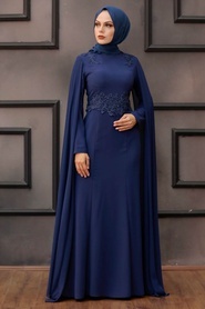Petrol Blue Hijab Evening Dress 3803PM - Thumbnail