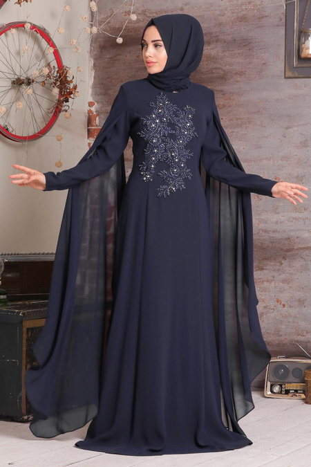 Petrol Blue Hijab Evening Dress 38380PM