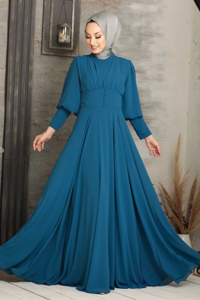 Neva Style - Plus Size Petrol Blue Modest Prom Dress 53810PM - 1