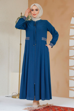 Petrol Blue Muslim Turkish Abaya 45271PM - 1