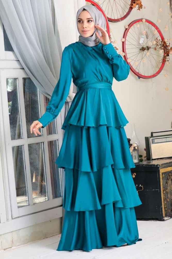 Petrol Green Hijab Evening Dress 22701PY - 1