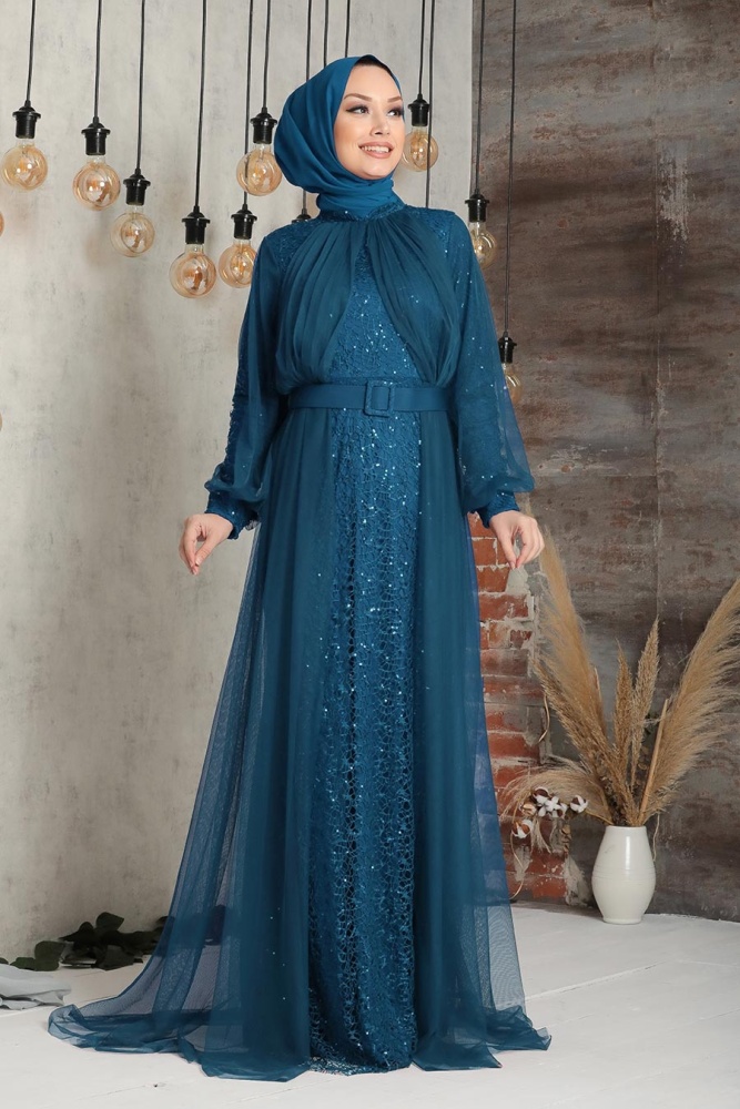 Neva Style - Petrol Green Turkish Hijab Prom Dress 5441PM - 1