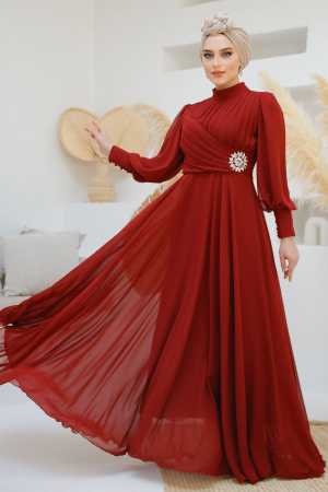Pile Detaylı Bordo Tesettür Abiye Elbise 45221BR - 2