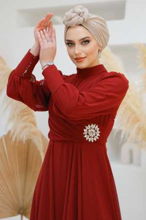 Pile Detaylı Bordo Tesettür Abiye Elbise 45221BR - 3