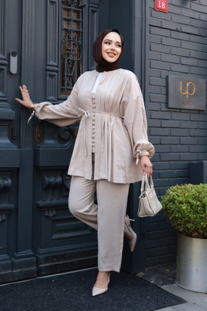 Pile Detaylı Bej Tesettür İkili Takım 19031BEJ 