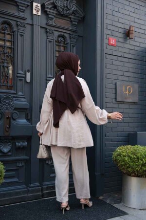 Pile Detaylı Bej Tesettür İkili Takım 19031BEJ - 4