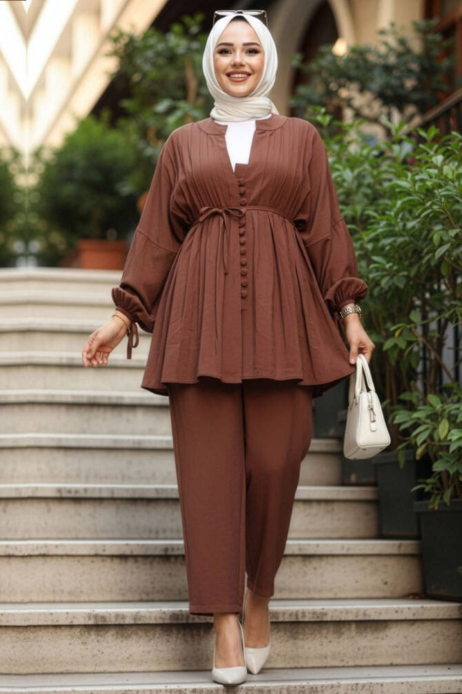 Pile Detaylı Çikolata Tesettür İkili Takım 19031CK - 1