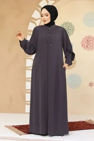 Pile Detaylı Füme Tesettür Abaya 45296FU 