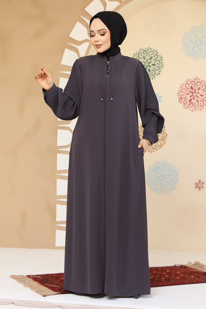 Pile Detaylı Füme Tesettür Abaya 45296FU - 1