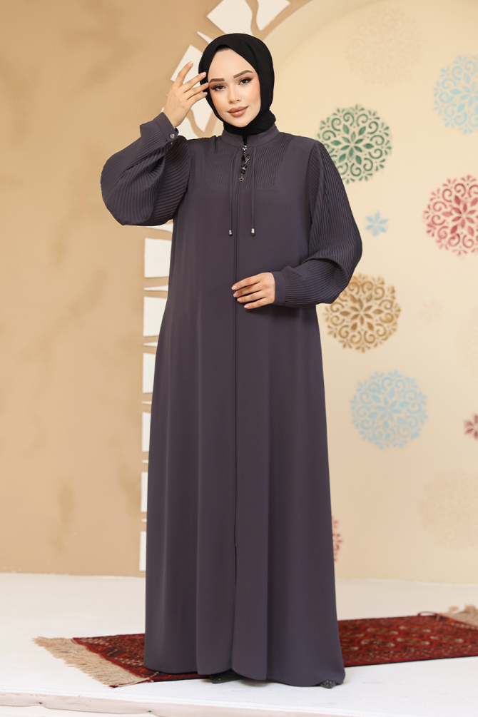 Pile Detaylı Füme Tesettür Abaya 45296FU - 2